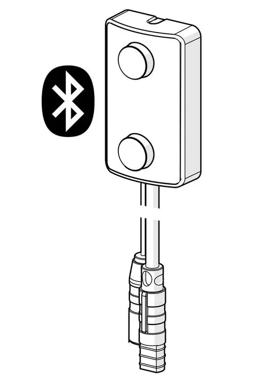 Bluetooth-fähiger Sensor mit zwei Druckknöpfen und einem Anschluss. Kabelverbindung ist sichtbar. Produkt von HANSA.